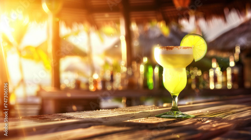 Citrus cocktail on table of beach bar, sunset light photo