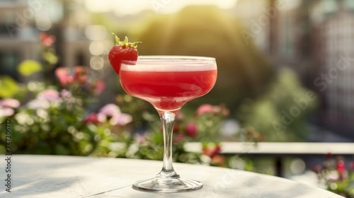 Strawberry Daiquiri cocktail on summer restaurant terrace © Kondor83