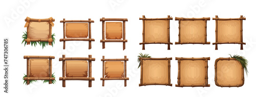 Wooden bamboo sign board frame game ui vector set.  Cartoon set of wooden panels, wooden boards and direction signs with plants in forest isolated on white background