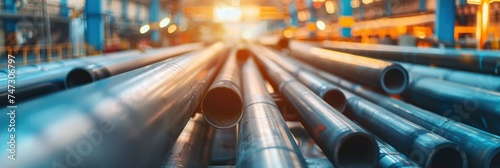 Industrial Inventory, Stack of Steel Pipes in Warehouse or Factory Setting, with Blurred Background Evoking Manufacturing Environment.