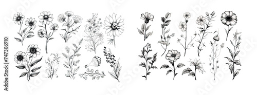 Collection of Hand-Drawn Flowers and Plants in Monochrome