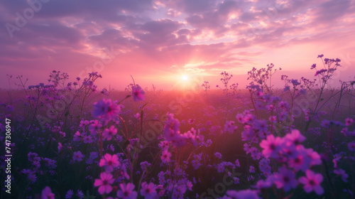 Misty Dawn Over Purple Wildflower Field