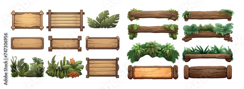 Set cartoon game panels in jungle style with space for text.   Cartoon set of wooden panels, wooden boards and direction signs with plants in forest isolated on white background © Zaleman