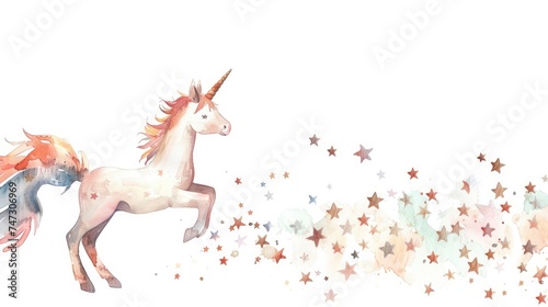 Cute Watercolor Little Unicorn with Stars on White Background