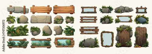 Set cartoon game wooden and stone panels in jungle style with space for text. Cartoon set of wooden panels, wooden boards and direction signs with plants in forest isolated on white background © Zaleman