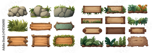 Set cartoon game wooden and stone boards in jungle style with space for text. Cartoon set of wooden panels, wooden boards and direction signs with plants in forest isolated on white background photo