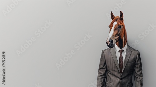 a Horse wearing a suit with a tie on a plain white background on the left side of the image and the right side blank for text photo