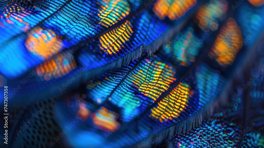 Unreal trippy texture of a colorful butterfly wing, high magnification, bright neon colors
