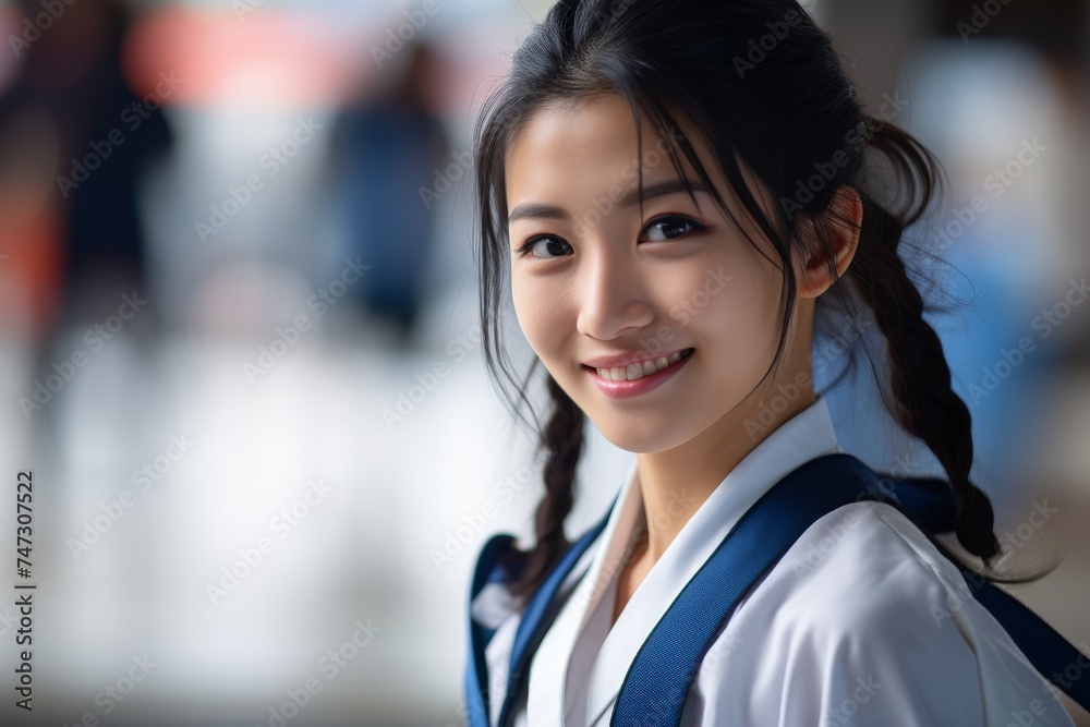 Fototapeta premium a Female karate student as she displays a fierce expression, fully committed to her practice in the Gym and Fighting Class