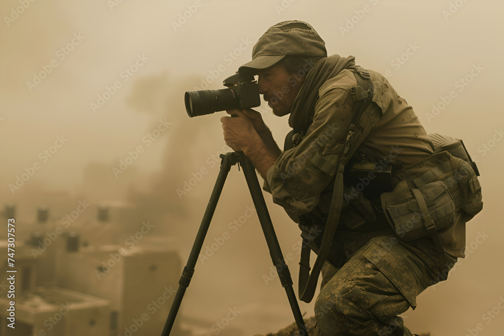 war correspondent in dust making photo, dangerous and difficult work, photographer in risky situations and places, threat to life, journalist at conflict zone in bulletproof vest, destroyed buildings