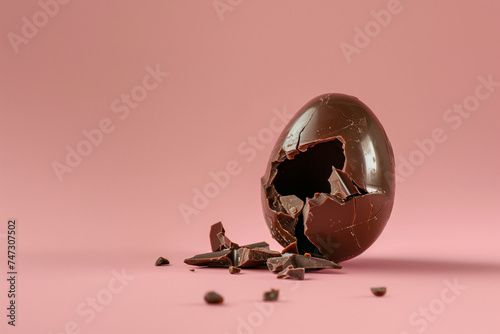Broken dark chocolate egg with cracked eggshell on pink background. Minimal Easter holiday concept. Copy space.  photo