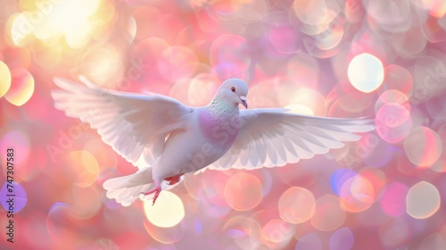 Pigeon flying on pastel bokeh background