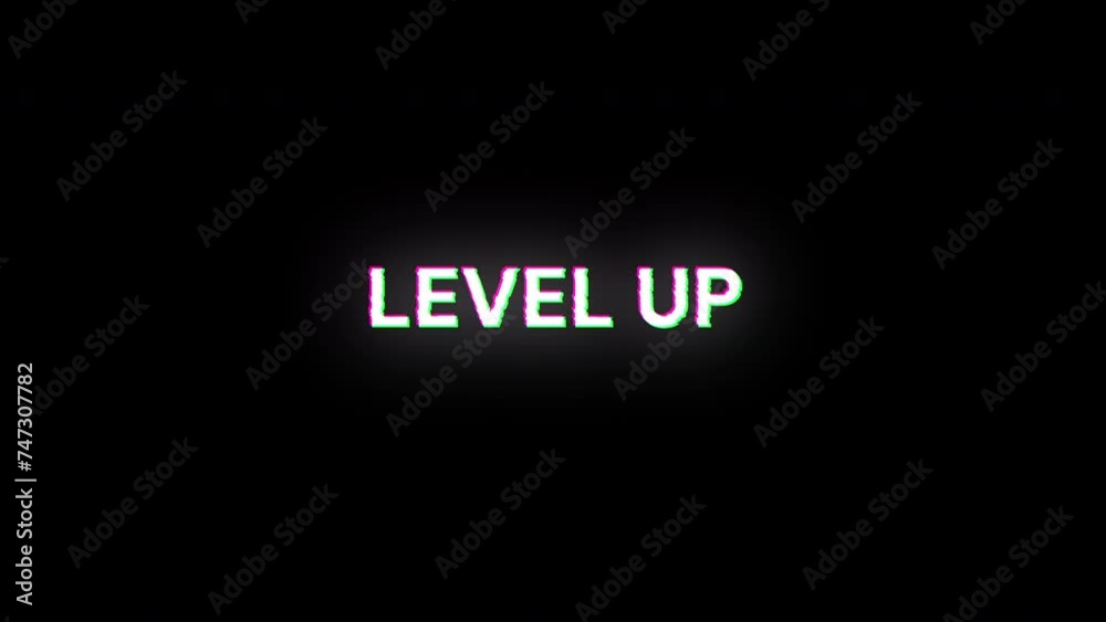 Level up text with screen effects of technological failures. Spectacular screen glitch with various kinds of interference Level up text with screen effects of technological failures. Spectacular screen glitch with various kinds of interference