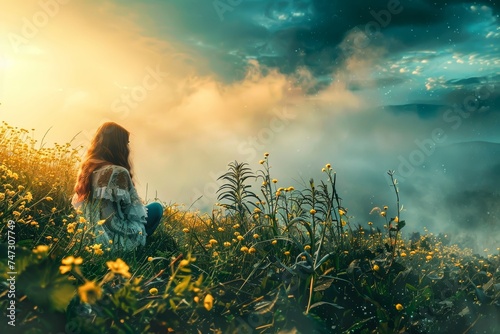A woman peacefully surrounded by a sea of colorful flowers in a foggy field, gazing up at the clouds in the summer sky