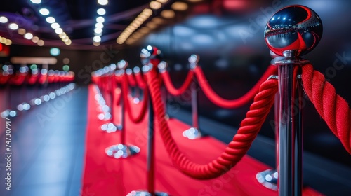 Macro view of red carpet with red rope barrier in a row.
