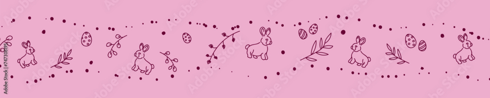 Obraz premium Vector. Cute hand drawn Easter horizontal background with bunnies, easter eggs. Festive background with Easter linear symbols. Copy space for text. Design cards, banners and other promotional items.