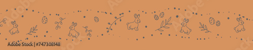 Vector. Cute hand drawn Easter horizontal background with bunnies, easter eggs. Festive background with Easter linear symbols. Copy space for text. Design cards, banners and other promotional items.
