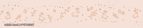 Vector. Cute hand drawn Easter horizontal background with bunnies, easter eggs. Festive background with Easter linear symbols. Copy space for text. Design cards, banners and other promotional items.