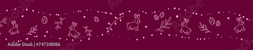 Vector. Cute hand drawn Easter horizontal background with bunnies, easter eggs. Festive background with Easter linear symbols. Copy space for text. Design cards, banners and other promotional items.