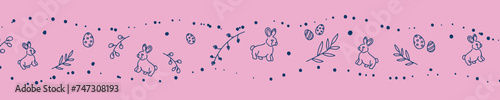 Vector. Cute hand drawn Easter horizontal background with bunnies, easter eggs. Festive background with Easter linear symbols. Copy space for text. Design cards, banners and other promotional items.