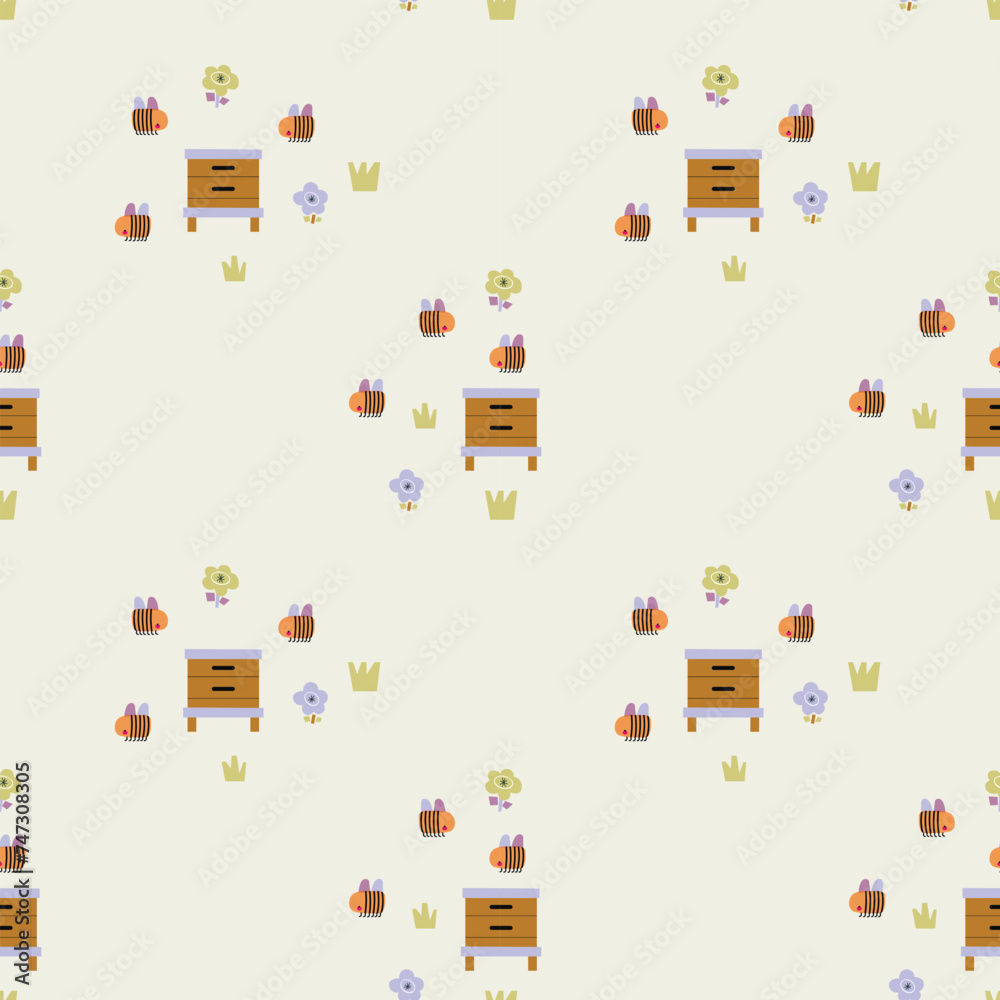 Fototapeta premium Cute pattern with bees and flowers. Great for fabric, textile