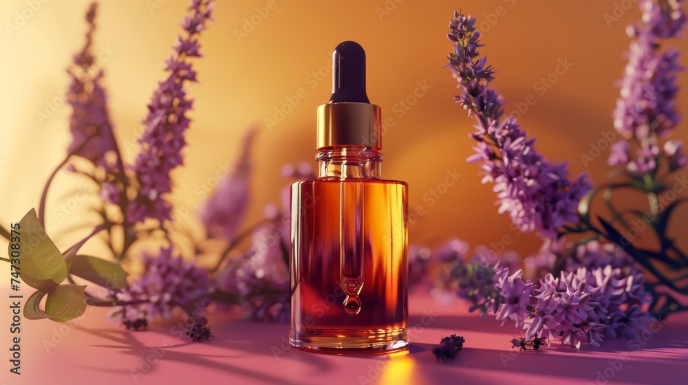 Cosmetic dropper bottle mockup A glass bottle with aromatic oil or serum with flowers near. Skin care essential oil bottle with dropper product mockup Cosmetic dropper bottle mockup A glass bottle with aromatic oil or serum with flowers near. Skin care essential oil bottle with dropper product mockup