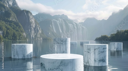 Group of Low White Marble Cylindrical Booths, Futuristic Architecture by the Lake