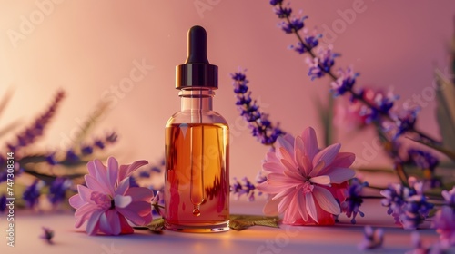Cosmetic dropper bottle mockup A glass bottle with aromatic oil or serum with flowers near. Skin care essential oil bottle with dropper product mockup