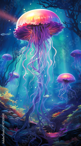 Oceanic Dive into a psychedelic underwater world, where glowing jellyfish and fantasy creatures illuminate the depths