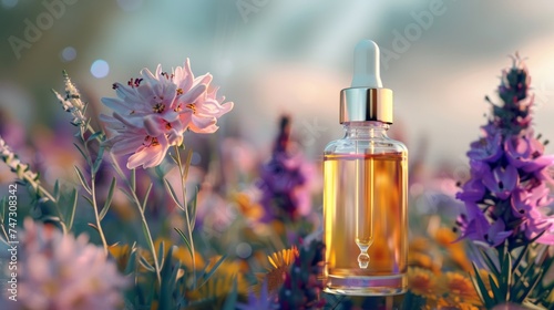 Cosmetic dropper bottle mockup A glass bottle with aromatic oil or serum with flowers near. Skin care essential oil bottle with dropper product mockup