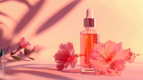 Cosmetic dropper bottle mockup A glass bottle with aromatic oil or serum with flowers near. Skin care essential oil bottle with dropper product mockup