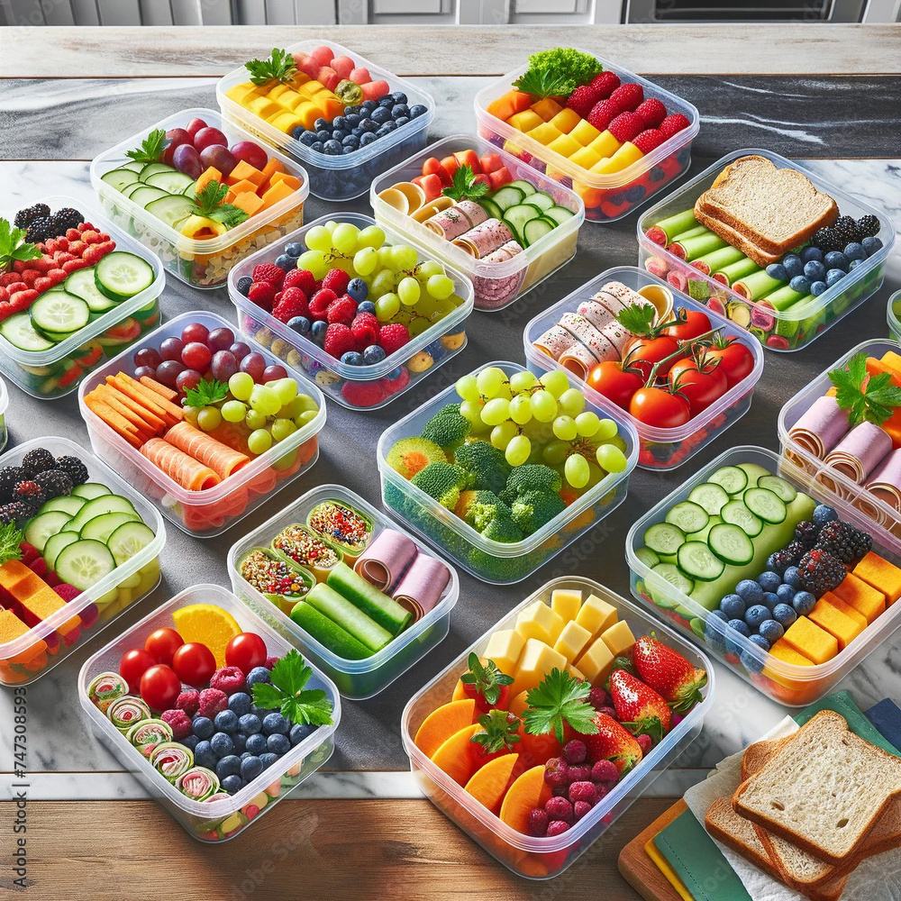 Colorful Assortment of Healthy Lunch Options in Meal Prep Containers