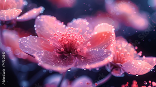 Surreal glowing pink flowers, macro image