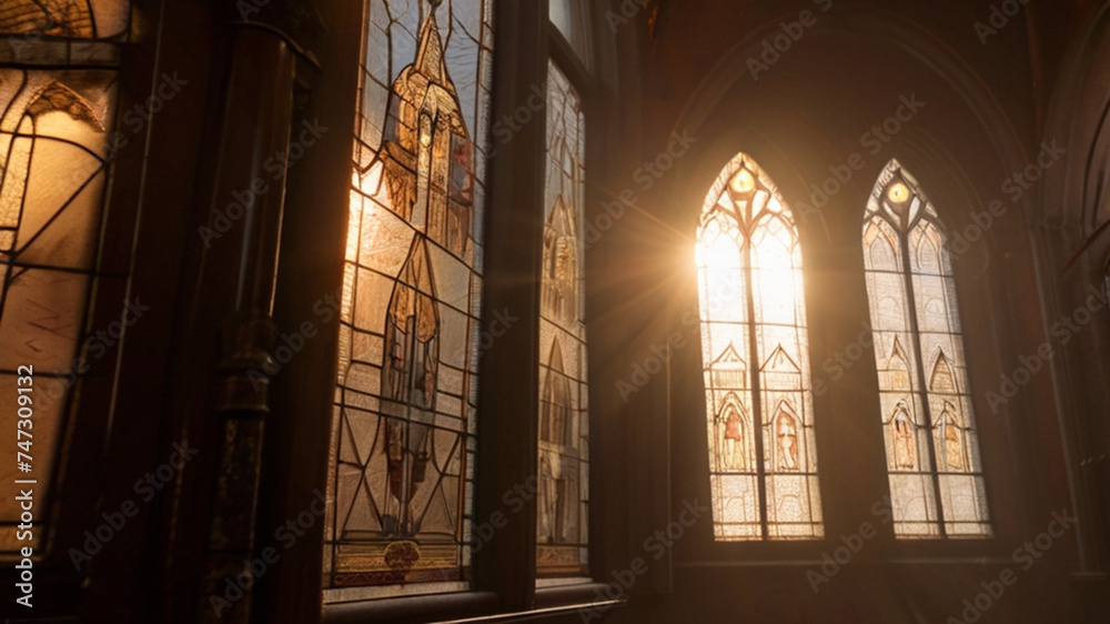 Rays of morning light going through a church window as a symbol of hope