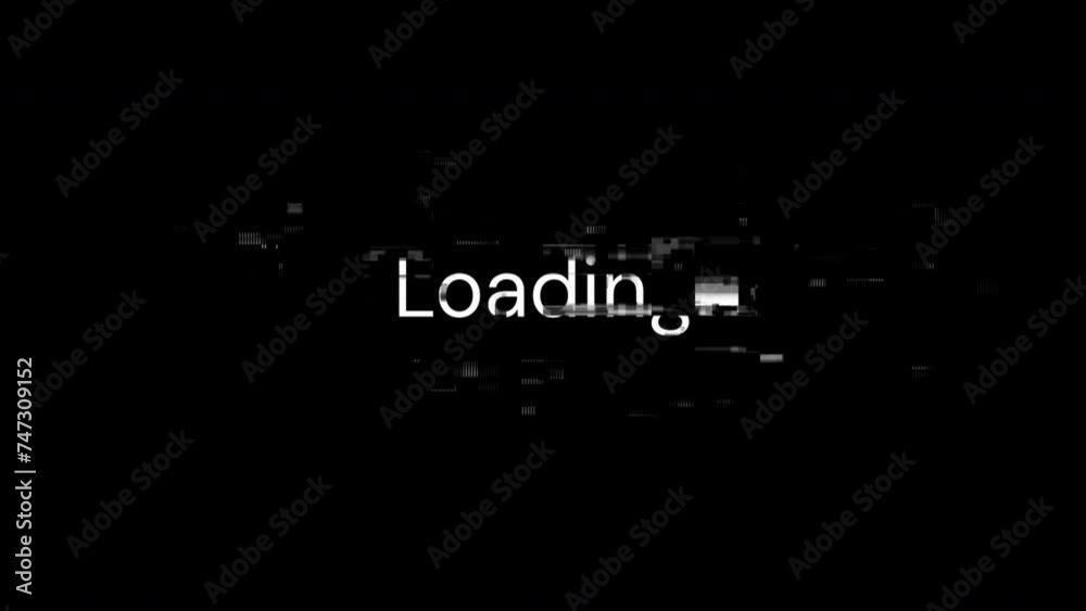 Loading text with screen effects of technological failures. Spectacular screen glitch with various kinds of interference. Looped