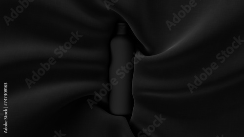 Cosmetics bottle on cloth and crumpled fabric. Purity concept. 3d render illustration