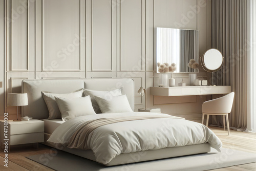 Early in morning in modern and white bedroom with furniture  cushions  blankets on bed.