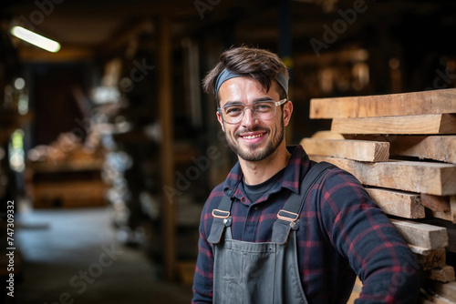 Smiling young man with glasses leaning on stacked wooden planks in a workshop photo