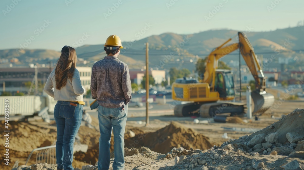 Collaborative planning: hispanic female project manager & caucasian male civil engineer reviewing real estate project on construction site, excavators preparing foundation Collaborative planning: hispanic female project manager & caucasian male civil engineer reviewing real estate project on construction site, excavators preparing foundation