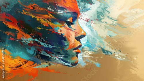 Abstract colorful face art and paint strokes - Vivid and expressive abstract digital art portraying a colorful face among dynamic brush strokes  exuding creativity and emotional depth