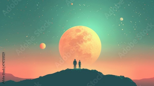 Cosmic landscape with two figures and planets - Two silhouetted figures stand before a giant moon and planets in a starry cosmic scene, evoking themes of exploration and wonder