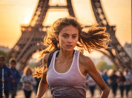 Woman athlete as she run past the Eiffel Tower in Paris, France during a sports race
