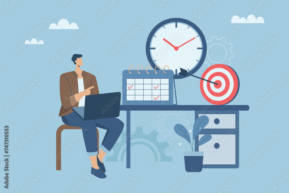 Business time management planning, Appointments and calendar schedule planning to achieve work goals, Deadline concept, Businessman with laptop and big clock. Vector design illustration.