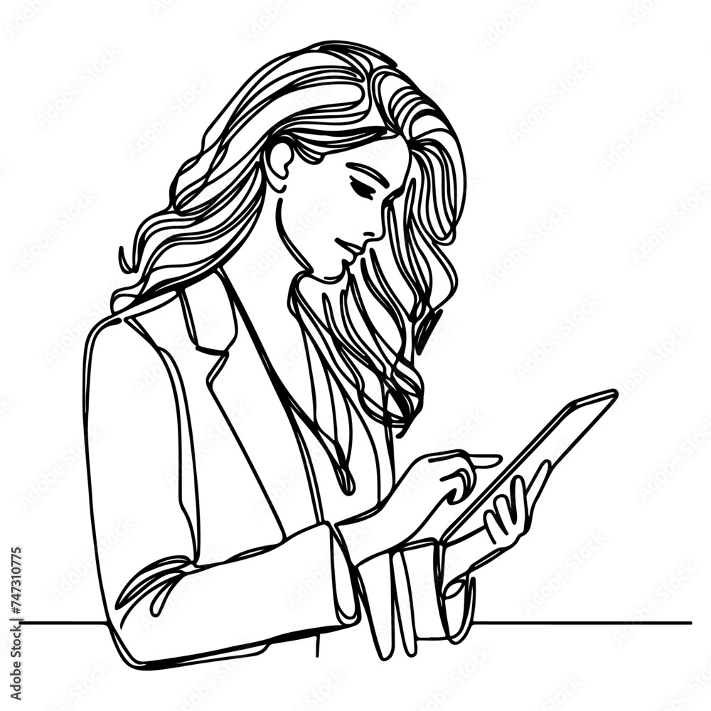 Business woman hand holding modern smart phone mockup. Continuous black single lines drawing art icon. Finger touching blank screen transparent background vector Business woman hand holding modern smart phone mockup. Continuous black single lines drawing art icon. Finger touching blank screen transparent background vector