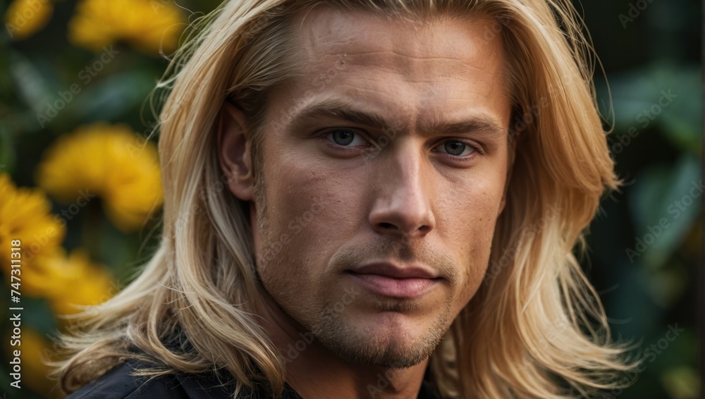 Portrait of a handsome blond man with blond hair and blue eyes
