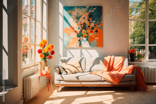 Painting with a bouquet of flowers in a vase in modern interior design, living room, direct sunlight