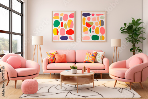 Set of graphic posters in modern interior design in pink colors, living room