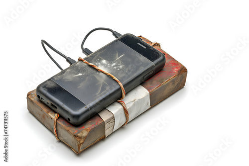 improvised explosive device with cellphone and plastic explosive on white background