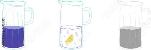 A hand drawn jug made in three versions: with blue liquid, with lemon and bubbles inside, third version - shades of grey of the first one (with blue liquid). Isolated on white background.