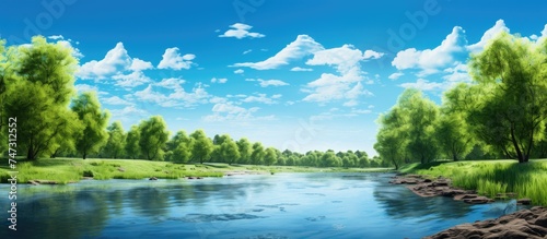 A river cuts through a vibrant green field  bordered by lush forests under a clear blue sky on either side.